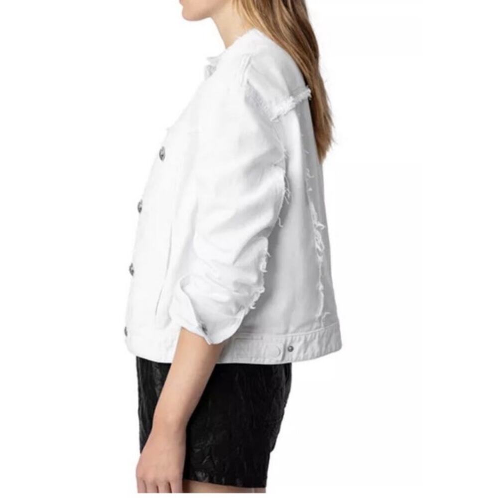 NWT: Zadig & Voltaire Kaely Destroy Denim Jacket in White Size L - Picture 3 of 15